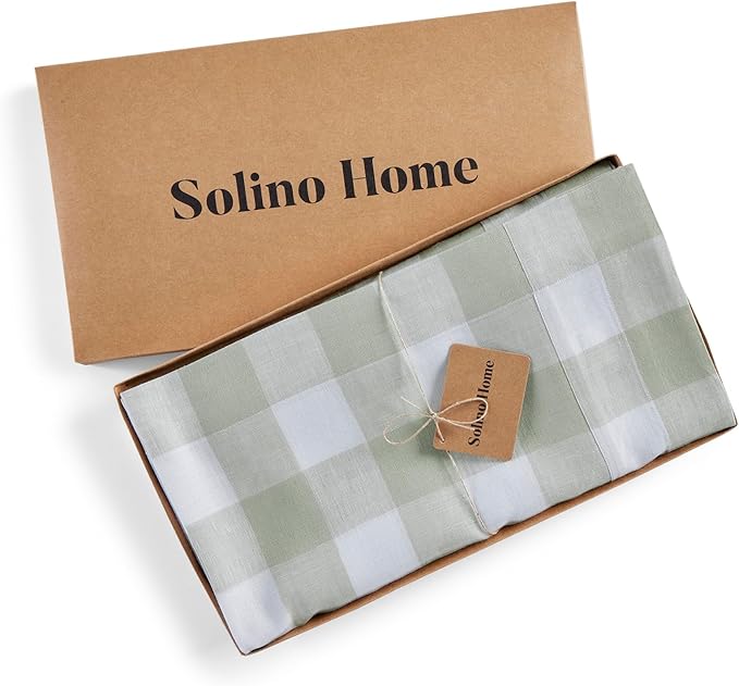 Solino Home Linen Checkered Table Runners 90 Inches Long - 100% Pure Linen Buffalo Check Sage and White Table Runner 14 x 90 Inch Ideal for Dining, Winter, Spring, St Patricks Day, Easter