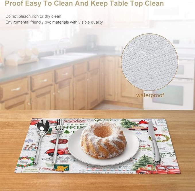Christmas Placemats Simple Rustic Christmas Tree Red Gnome Truck Christmas Bells Gifts Wreath Snowman Greeting Card Placemats Table Kitchen Dining Party 12x18 Inch Set of 4