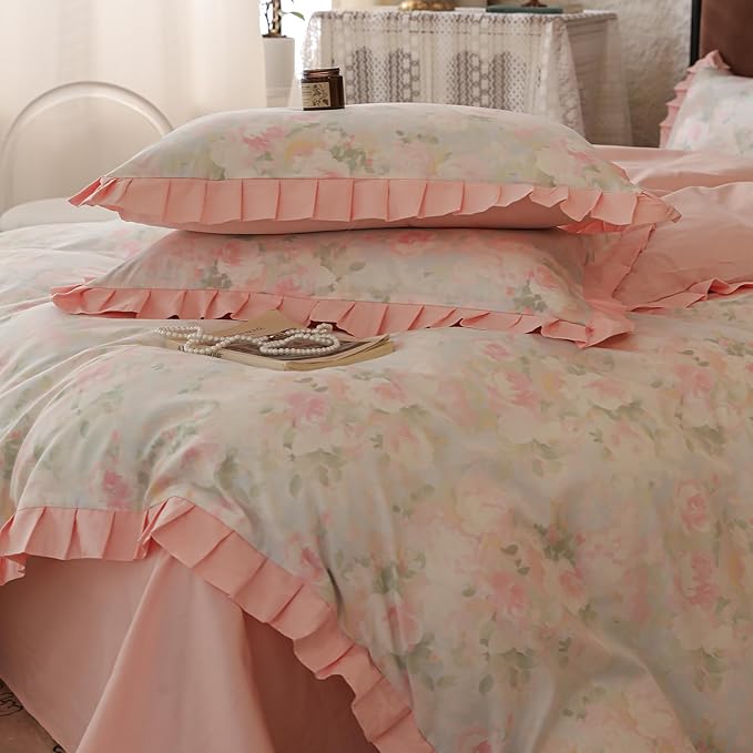 LifeTB Girls Duvet Cover Pink Ruffle Duvet Cover Twin Vintage Flower Bedding Set 100% Cotton Romantic Lace Comforter Cover Princess Bedding Botanical Flower Comforter Cover Aesthetic Lace Bedding Set