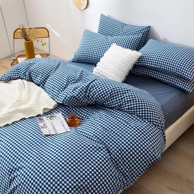 LifeTB Queen Comforter Set Royal Blue Gingham Bedding Comforter Modern Style Blue Grid Plaid Comforter Set 3 Pieces Fluffy Checkered Comforter with 2 Pillowcases Breathable Gingham Bedding Set
