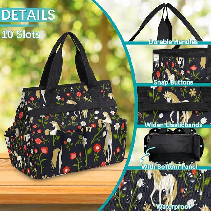 Garden Tool Tote Bag for Women Men Cartoon Horse Flowers Gardening Tool Storage Bags with 10 Pockets Standable Garden Home Tool Kits Organizer for Indoor Outdoor Gardening Gifts