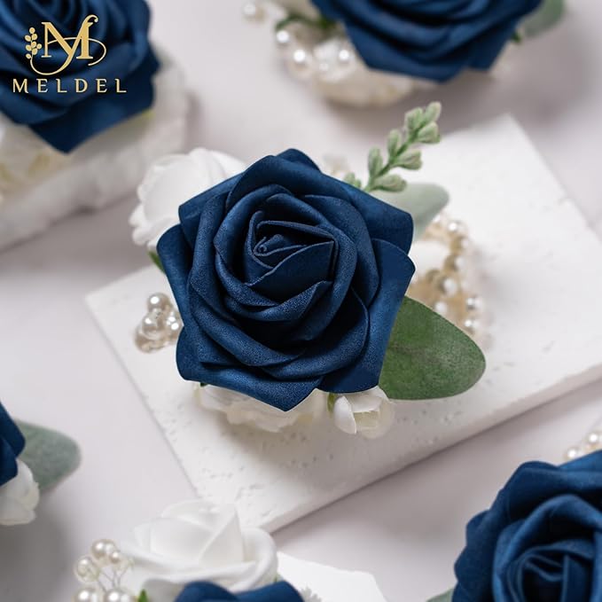 Meldel Blue Wrist Corsage,Set of 6, Prom Wrist Flower Girl/Mother Corsages Wristlet Perfect for Bride Bridesmaids Wedding Guests Hand Flower, Party, Homecoming, Ceremony Anniversary