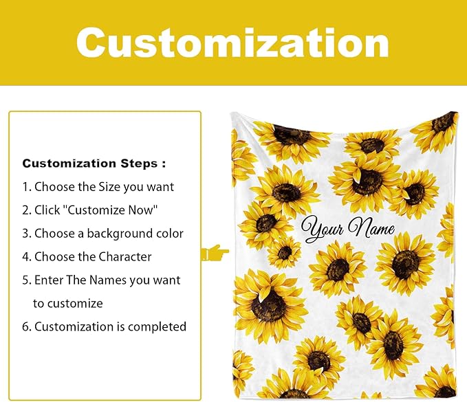 Jekeno Custom Blanket with Name for Adults Kids Baby Personalized Customized Gifts for Women Mom Her Sister Best Friend Sunflower Blanket Gifts Bedding Decor for Bed Sofa Office 60"x80"