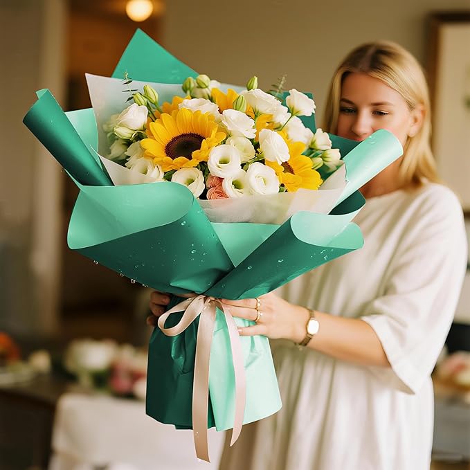 WRAPAHOLIC 20 Sheets Flower Wrapping Paper - 22.4 x 22.4 inch Emerald Green Series Water-Resistant Floral Bouquet Wrapping Paper, Florist Supplies Packaging for Wedding Birthday Gift DIY