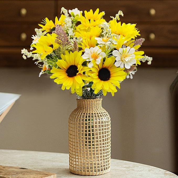 5 Bunches Artificial Sunflowers Bouquets, Fake Silk Sunflower with Faux Daisy Wildflowers Plants for Home Decor Indoor Floral Arrangements Table Centerpiece Bridal Wedding Decor (Yellow)