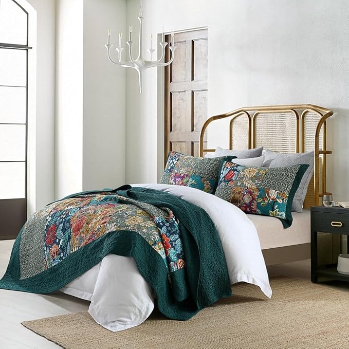 ENASAL Cotton Bedspread Quilt Sets Reversible Bedding Coverlet Sets Comforters, Patchwork Vintage Floral Turquoise Bedspread, Queen Size