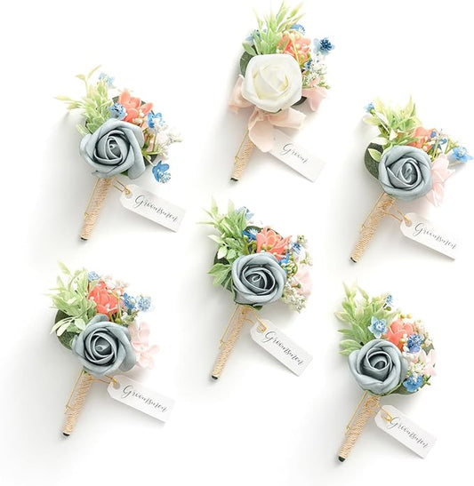 Ling's moment Boutonniere for Men, 6pcs Groom Groomsmen Boutonniere, Artificial Flowers for Wedding Decor/Prom/Homecoming, etc.Dusty Blue Cream