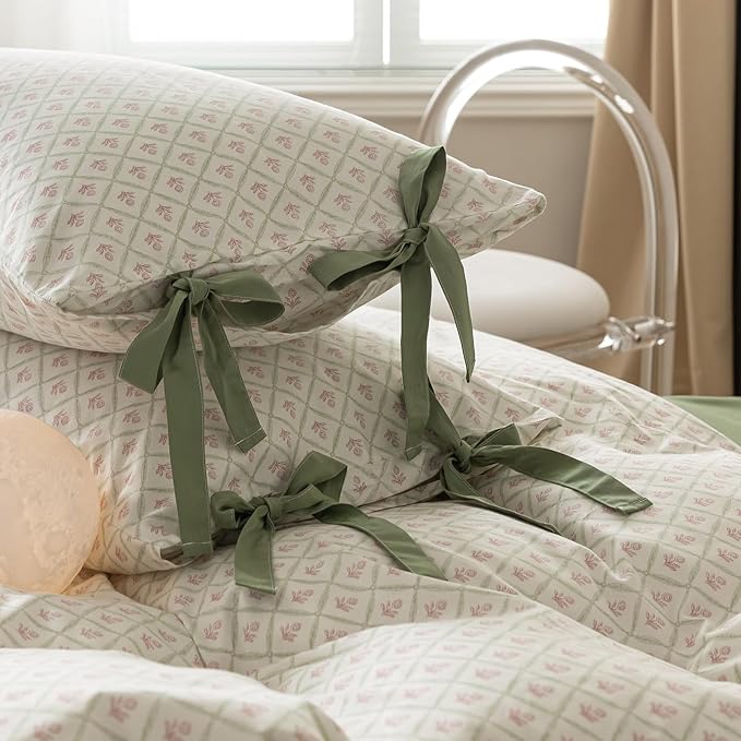 VM VOUGEMARKET Red Flower Duvet Cover Set Queen Green Grid Duvet Cover with 2 Bow Ties Pillowcases 100% Cotton Vintage Country Style Girls Comforter Cover with Zipper Closure