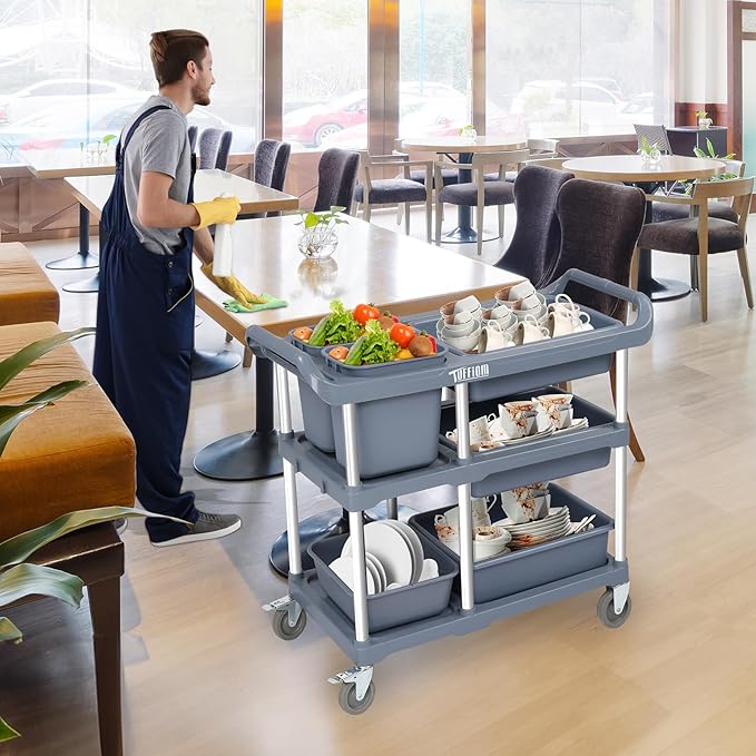 TUFFIOM 3-Tier Plastic Service Storage Utility Cart with Wheels, Heavy Duty Multi-Function Mobile Shelving Unit Organizer, Ideal for Restaurant, Foodservice, Office, Warehouse, Grey