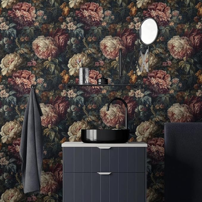 Dark Black Pink White Plum Floral Peony Flowers Peel and Stick Wallpaper Easy Peel Off Contact Paper Stick on Adhesive Wall Paper for Bathroom Waterproof Renter Friendly