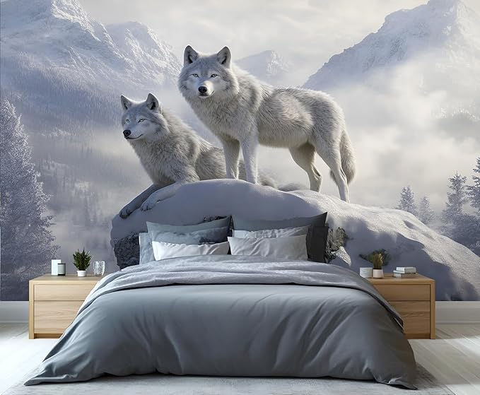 Arctic Wolves Wall Mural, Snow Wolves in Mountain 3D Wall Murals, Winter Wild Animal Wallpaper Mural, for Living Room Bedroom Large Wallpaper Indoor Decor 197" W x124.8 H