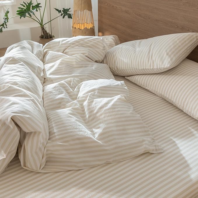 MooMee Striped Duvet Cover Set 100% Washed Cotton Linen Like Textured Breathable Durable Soft Comfy (Almond Milk Grey Classic Stripes, Full 80"x90")