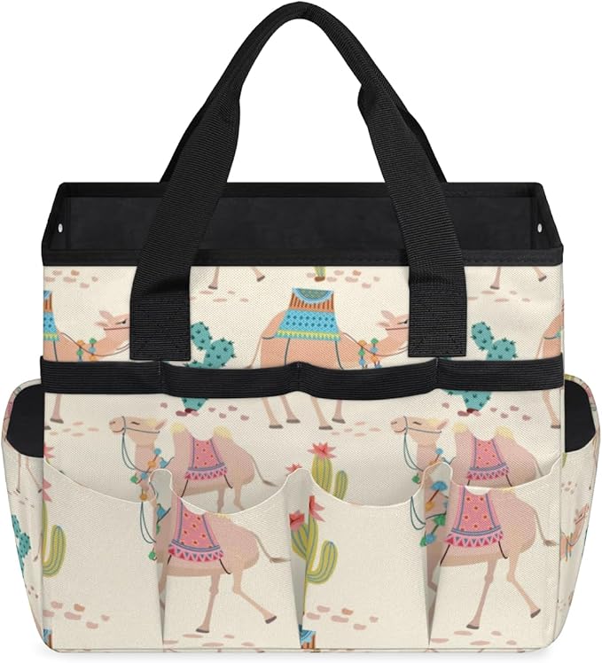 Garden Tool Tote Bag for Women Men Cartoon Camel Cactus Gardening Tool Storage Bags with 10 Pockets Standable Garden Home Tool Kits Organizer for Indoor Outdoor Gardening Gifts