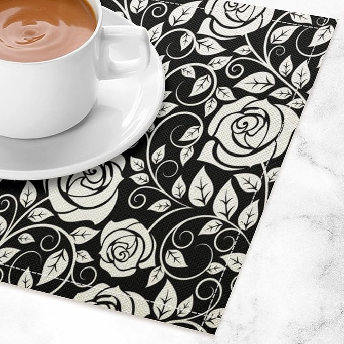 Retro Flowers Placemats Set of 8, 17x12 Inch Modern Aesthetic Black White Florals Leaves Art Print Table Mats for Home Party Kitchen Dining Decor