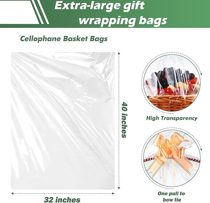30 Packs 32” x 40” Gift Wrap Cellophane Bags for Basket Extra-large Jumbo Clear Cellophane Wraps Clear Huge Cello Bags for Basket, Gift, Christmas Tree, Treat, Art and Craft, 30ct Golden Ribbon Bows