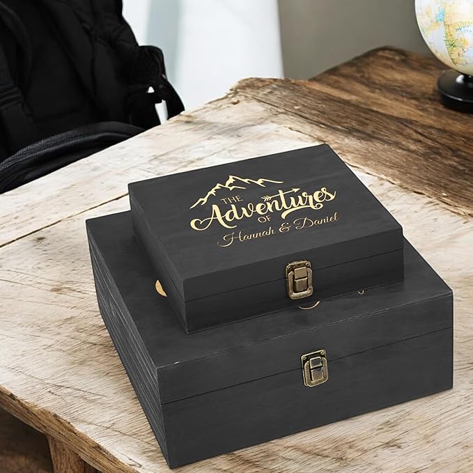 Personalized Wooden Keepsake Box Custom Engraved Adventure Memory Box for Couples Travel Souvenirs Photos Letters - Storage Memento Boxes for Wedding Gifts Newlyweds Anniversary Valentine's Day Gift
