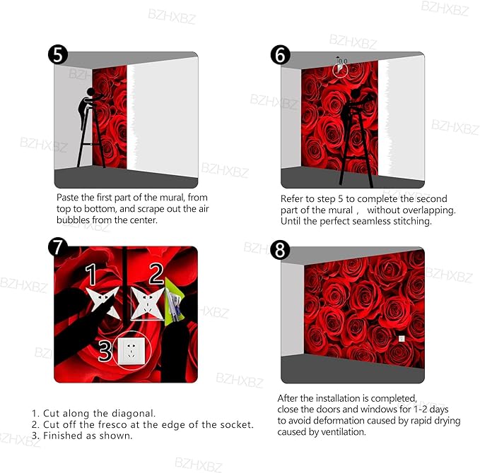 red Rose Floral Wallpaper Bedroom Botanical Flowers murals Aesthetic Room Decor Living Room tv Background Large Wall Mural - 160"x108" Not Peel and Stick