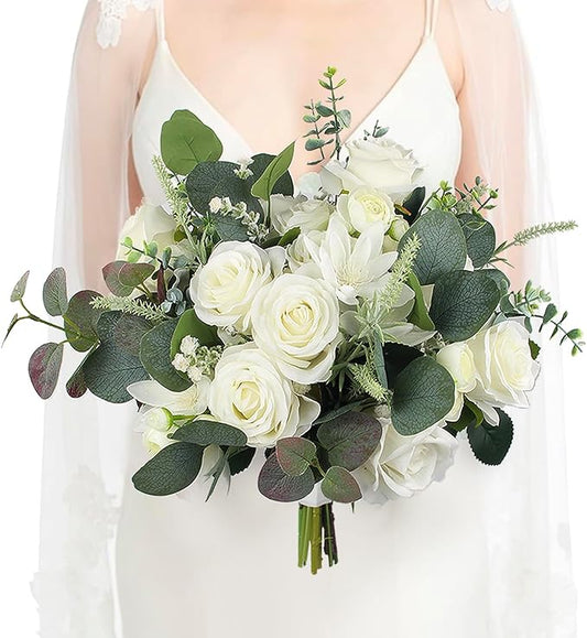 Rinlong Wedding Bouquets for Bride White Sage Green Bridal Bouquet for Wedding Artificial Flowers Silk Bouquet Ceremony