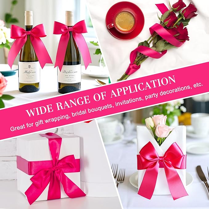 1-1/2 Inches 50 Yards Hot Pink Satin Ribbon, Solid Fabric Ribbon Roll for Flower Bouquets, Gift Wrapping, Wedding, Handmade Crafts