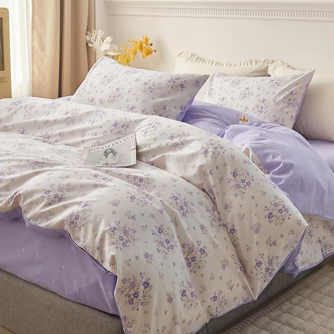 HighBuy King Comforter Set Purple Floral Printed Bedding Comforter Set Boho Vintage Floral Comforter Sets Cottagecore for Women Girl Comfy Soft King Comforter with 2 Pillowcases,Cooling,Fluffy