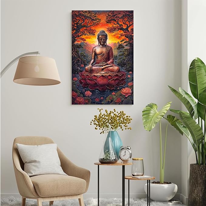 Golden Buddha on lotus seat serene meditation statue amidst lush trees flowing water and sunrise light spiritual home art for a tranquil decor 12x18in Wood Framed