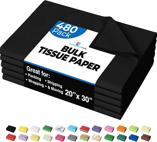 Party Solids Black Tissue Paper for Gift Bags - 20" X 30" Bulk Tissue Paper Black 480 Sheets - 10lb Newsprint for Packing, Birthday Gift Box Filler, Packing Supplies for Moving Supplies