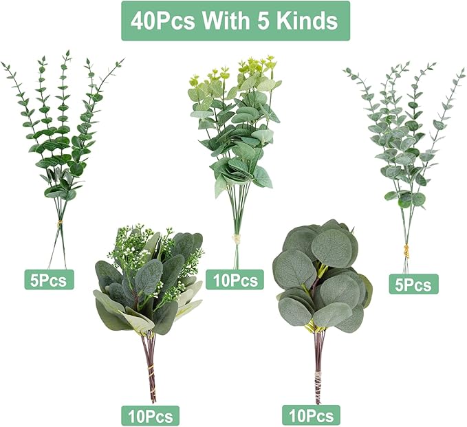 Cliselda 40 Pcs Artificial Eucalyptus Leaves Stems, 5 Kinds Mixed Fake Greenery Stems Bulk, Silver Dollar Eucalyptus Stems Bundle Faux Greenery Branches for Wedding Floral Arrangement Centerpiece