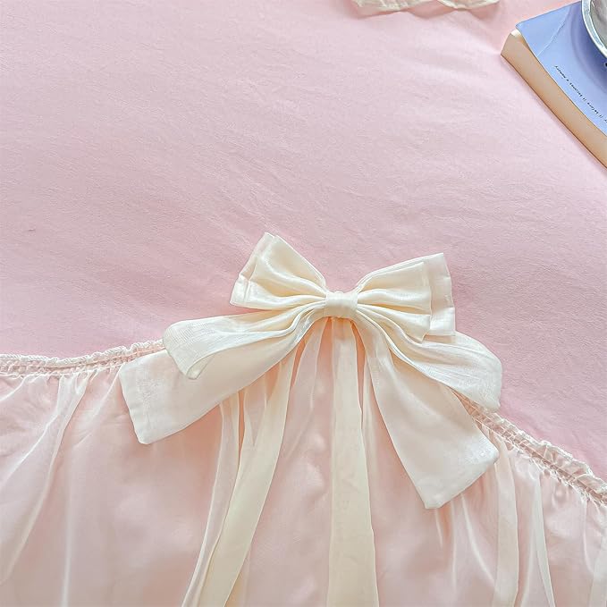 Girls Lace Bedding,Pink Full Comforter Cover Set, Chic Ruffled Duvet Cover with Lovely Bow,Princess Style 1 Duvet Cover with 2 Pillowcases, No Comforter-Pink,Full Size
