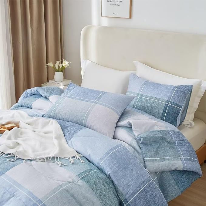 LifeTB Blue Checkered Comforter Full Comforter Set Geometric Plaid Checkered Pattern Comforter for Men Boys Modern Grid Plaid Bedding Comforter Set for All Seasons Lightweight Soft Fluffy Bed Set