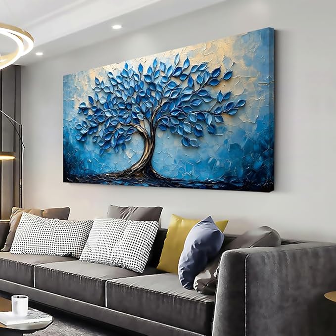 LAVIKARS Modern Tree of Life Wall Art for Living Room Office Navy Blue Abstract Oil Landscape Canvas Painting Prints Large Nature Artwork Home Kitchen Bedroom Decor (28x58 Inches)