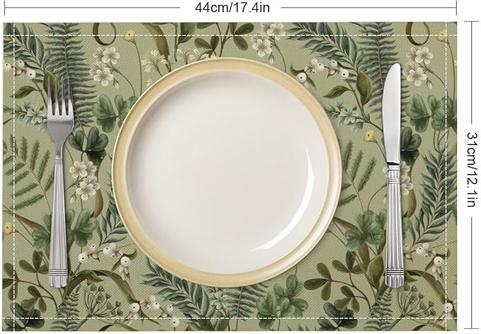 Retro Plant Placemats Set of 6, 17x12 Inch Green Leaves Retro Elegant Nature Plant Aesthetic Table Mats for Home Party Kitchen Dining Decor