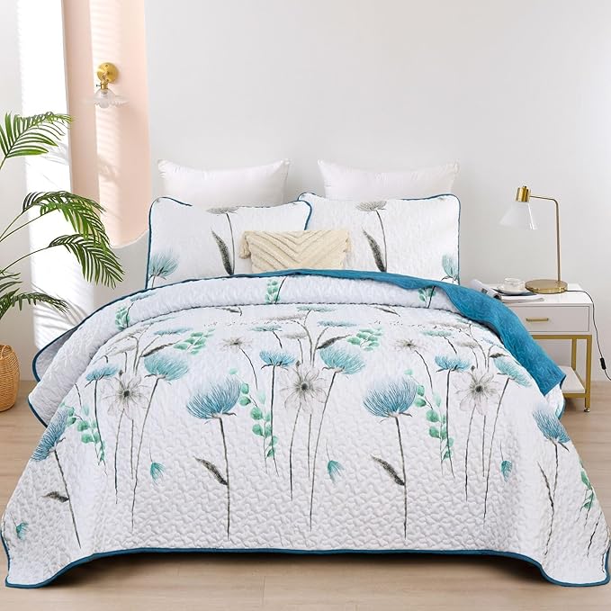 Dinjoy King Size Quilt Set Floral,3 Pieces Teal & White Quilts Coverlet Set Flower Bedspreads Bed Cover Lightweight Grey Quilt Boho Bedding Sets for King Bed All Season110 x90