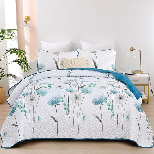 Dinjoy King Size Quilt Set Floral,3 Pieces Teal & White Quilts Coverlet Set Flower Bedspreads Bed Cover Lightweight Grey Quilt Boho Bedding Sets for King Bed All Season110 x90