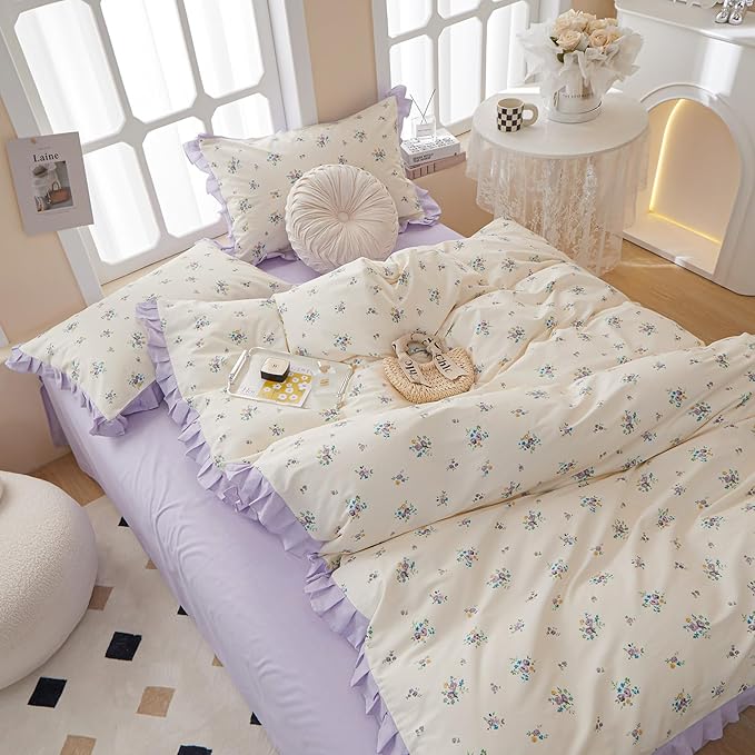 VM VOUGEMARKET Twin XL Comforter Set Twin,Garden Botanical Lavender Flower Bedding Set,Lace Ruffle Comforter and 2 Pillow Shams for Girls Women(3pcs,Twin XL)