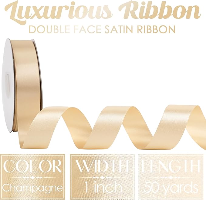MEEDEE Champagne Ribbon 1 Inch Champagne Satin Ribbon Lux Double Faced Satin Ribbons by 50 Yards Champagne Gold Wrapping Ribbons for Crafts, Wedding, Flower Bouquet, Holiday Decorating