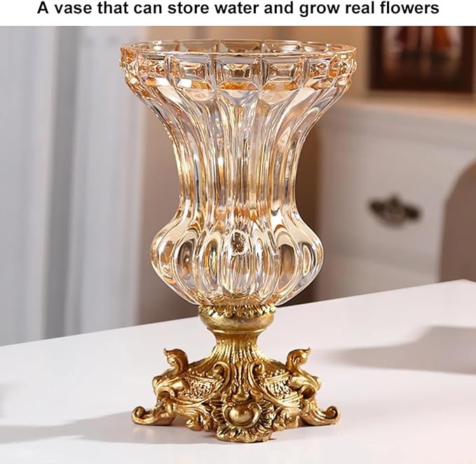 Artificial Flowers in Vase Set – Retro European Style Golden Crystal Glass Vase with Orange Faux Flowers, Carved Decorative Centerpiece for Table, Entryway, or Living Room