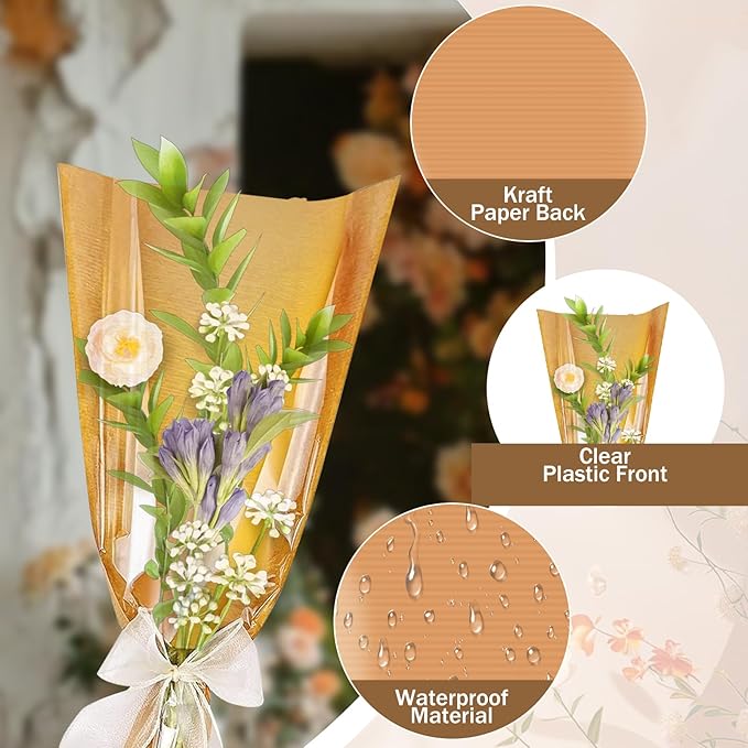 XABMU Flower Bouquet Bags - 100 Pack Kraft & Clear Floral Wrapping Sleeves for Wedding, Graduation, Mother’s Day Gifting & Florist Supplies