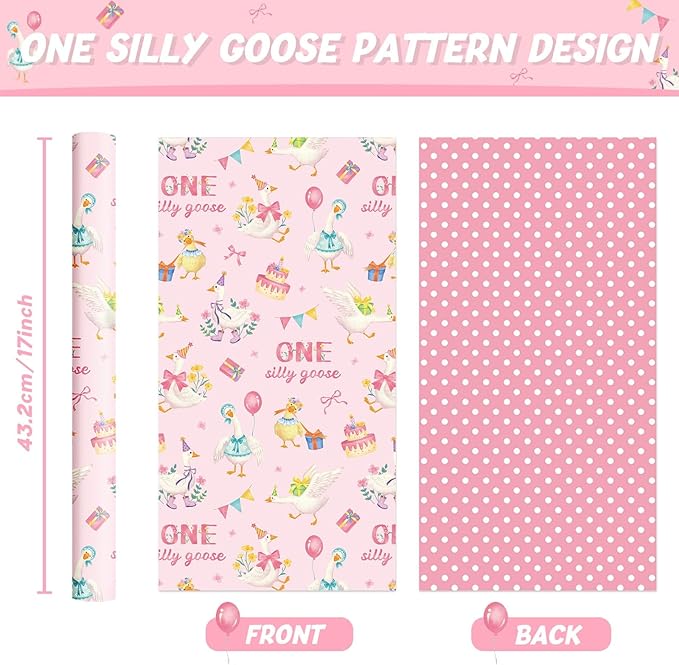 WERNNSAI Silly Goose Wrapping Paper - 1 Roll 17”x 33 ft 1st Birthday Wrapping Paper Pink Birthday Gift Wrap Baby Girls One Year Present Packing Wrap Baby Shower Reversible Design