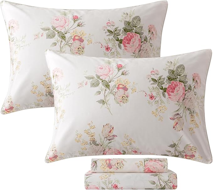 FADFAY 100% Cotton Cal King Bed Sheet Set, 4 Piece Pink Rose Floral Printed Bedding, Soft Breathable Cooling Sheets with Deep Pocket Fitted Sheet, Flat Sheet & Pillowcases, French Country All Season