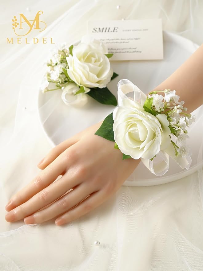Meldel 6 Pcs Ivory White Rose Wrist Corsage for Wedding, Bride Bridesmaids Corsages, Pearls Bracelet Wrist Flower for Prom Homecoming Party, Wrist Corsage for Mother of Bride and Groom Wedding Decor