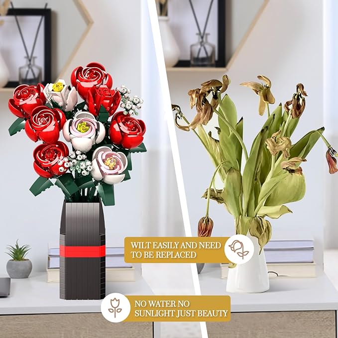 Roses Flower Bouquet Building Kit for Adults, Kids, 841PCS DIY Flowers Bouquet Building Set with Vase, Roses Artificial Flowers Building Set, Gifts Ideas for Anniversaries, Birthday, Wedding