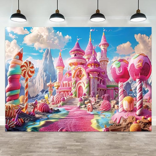 12x6ft Pink Fantasy Castle Backdrop Candy Land Sweet Candy House Photography Background Baby Shower Sweet Girl Princess Birthday Banner Decorations Kids Artistic Portrait Photo Booth Prop