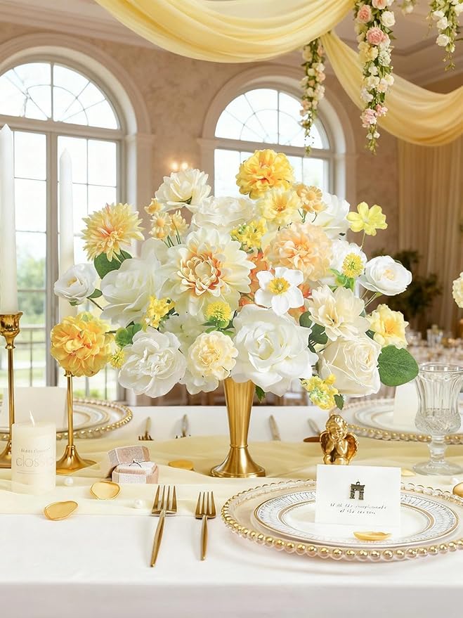 Artificial Flowers Combo Box Set White Yellow Roses Dahlia Fake Silk Flowers with Stems for DIY Wedding Bridal Bouquets,Floral Arrangement,Table Centerpieces,Baby Shower,Home Decorations