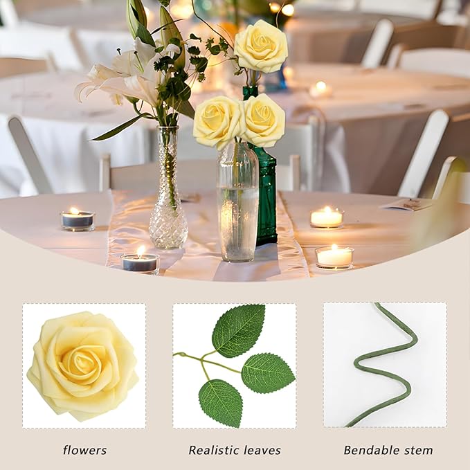 100Pcs Artificial Flowers Creamy Yellow Roses Real Looking Foam Fake Roses with Leaves and for DIY Wedding Bouquets Bridal Shower Centerpieces Party Decorations (Creamy Yellow, 100)