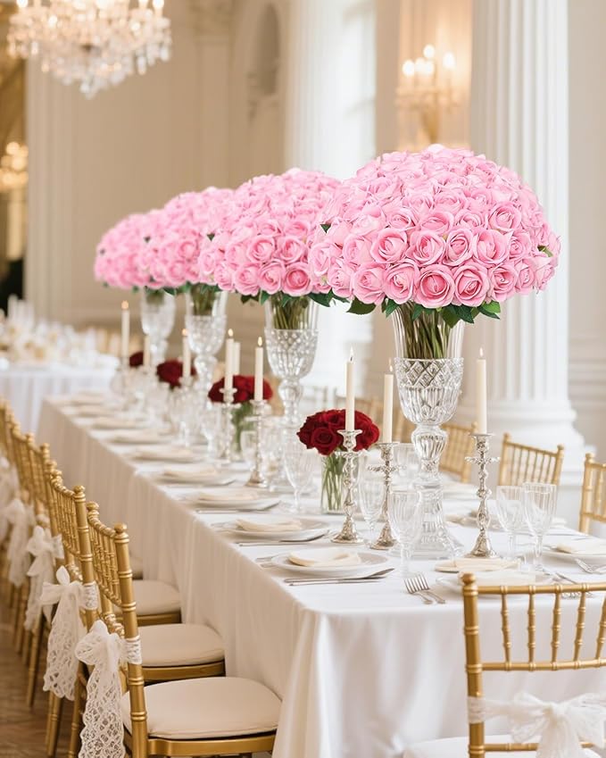 LFF 50Pcs Fake Pink Roses Artificial Flowers with Long Stems, Realistic Silk Faux Roses in Bulk, Wedding Bouquet, DIY Floral Arrangement for Home/Wedding/Proposal Ceremony Decoration(Pink)