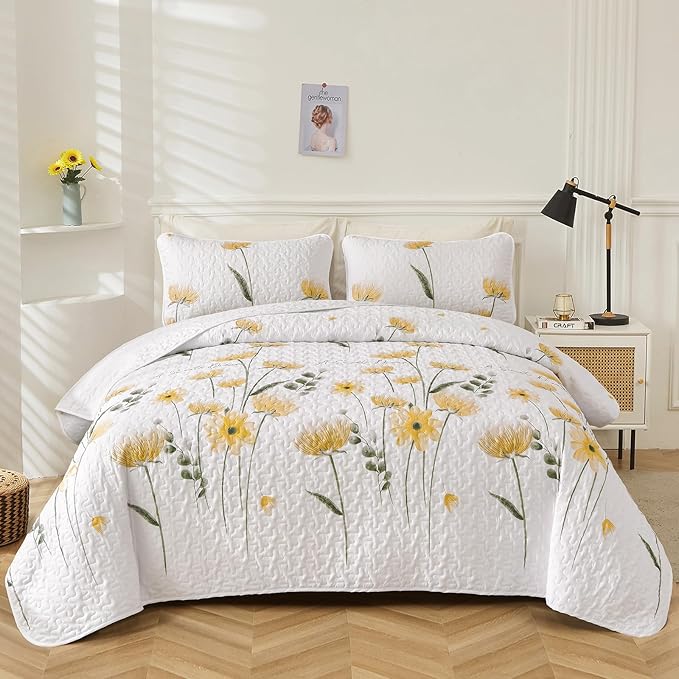 Dinjoy Quilt Set Full Size Yellow, Floral Bedspreads 3 Pieces Reversible Quilts Bedding Set Microfiber Lightweight Bedspread Coverlet Farmhouse Set for Women Girls 78"x90"