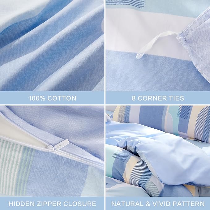 SAPHREAS Blue Geometric Pattern Duvet Cover Set 2pcs Twin Size 100% Cotton Colorful Blocks Bedding Comforter Cover Set 1 Duvet Cover 1 Pillow Case