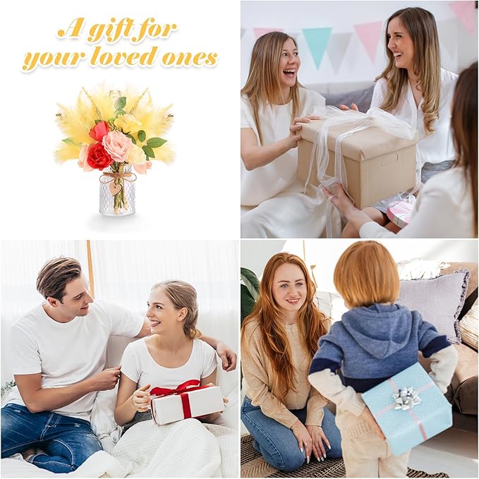 Artificial Flowers with Vase Centerpiece Table Decorations for Dining Room Farmhouse Living Room Table Centerpieces Decor Fake Silk Rose Bouquet in Glass Vase for Centerpiece Home Coffee Table Decor