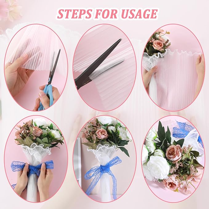 Quilax 4.16 Yards flower Bouquet Wrapping Paper, Pearl Edge Flower Wrapping Paper, Wrinkled Translucent Floral Papers for Wedding Christmas DIY Crafts Gift Packaging Bouquet Accessories