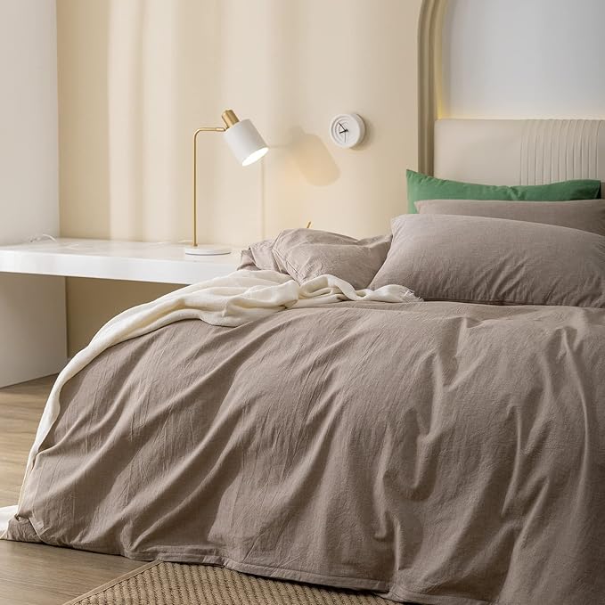 JIYUAN 100% Washed Cotton Duvet Cover Set Comfy Simple Style Soft Breathable Textured Durable Linen Feel Bedding for All Seasons King, Taupey